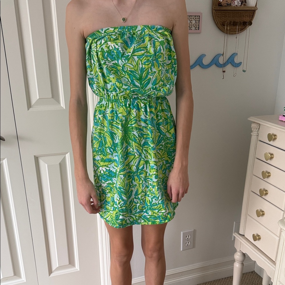 Lily Pulitzer Strapless Green Tropical Print Sundress xxs